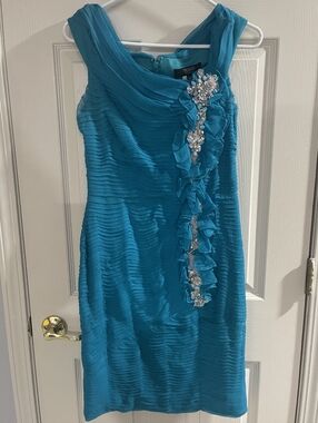 Tadashi Collection Womens Teal 100% Silk Floral Sequin Ruffle Sleeveless Dress 6